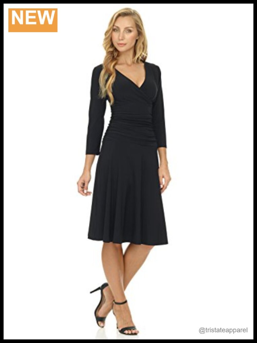 Slimming 3/4 Sleeve Fit-and-Flare Crossover Tummy Control Dress - Picture 3 of 6